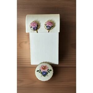 Vintage Rose Porcelain Brooch & Clip On Earrings